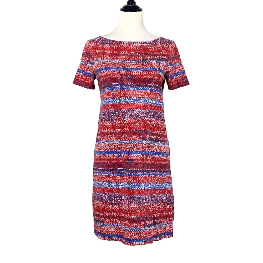 Tory Burch Space Dye Yarn Print Pima Cotton Mini Shift Dress Red White Blue S